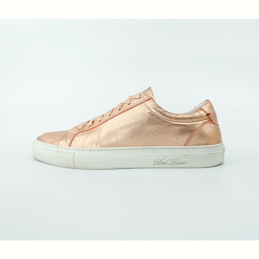 Del Toro Leather Sneakers Womens 9 Pink Metallic Low Top Satin Laces Shoes Glam - Picture 4 of 16